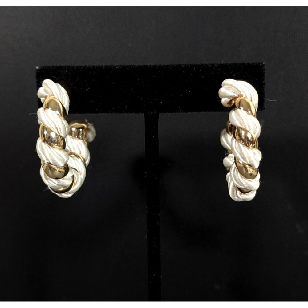 Vintage White Cord Twist‎ Gold Tone Hoop Earrings Pierced Retro Nautical